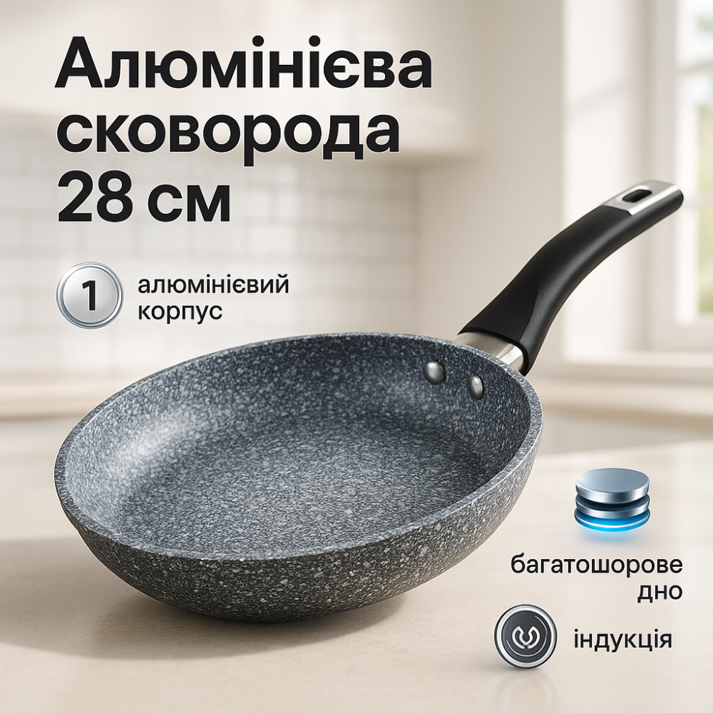 Сковорода с антипригарным покрытием внутренней поверхности Unique UN-5106 28 см, Сковорода фирменная BZ-88 Львов - изображение 6
