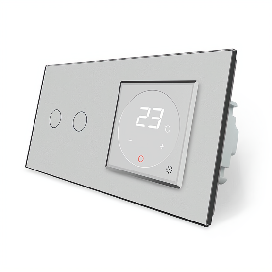 Комбінований терморегулятор (термостат) програмований для електричної теплої підлоги та 2-сенсорний вимикач LIVOLO, сірий скляний, в одній рамці (VL-C Коломия