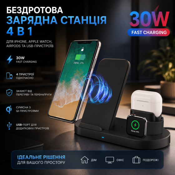 Беспроводная зарядная станция 4 в 1 eSTUFF ES638006 30W для iPhone, Apple Watch, AirPods и USB-устройств Киев