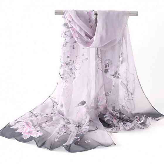 Шарф из шифона с птичками женский 145 на 48 см серый Киев