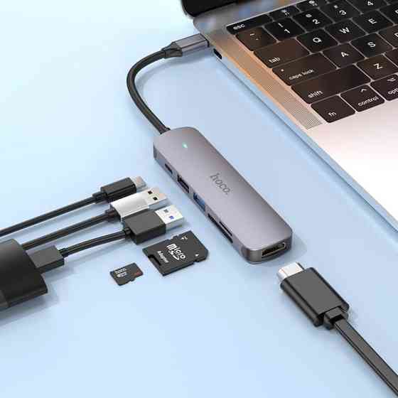 USB-хаб HOCO HB28 Type-C multi-function converter(HDTV+USB3.0+USB2.0+SD+TF+PD) Metal Gray Київ