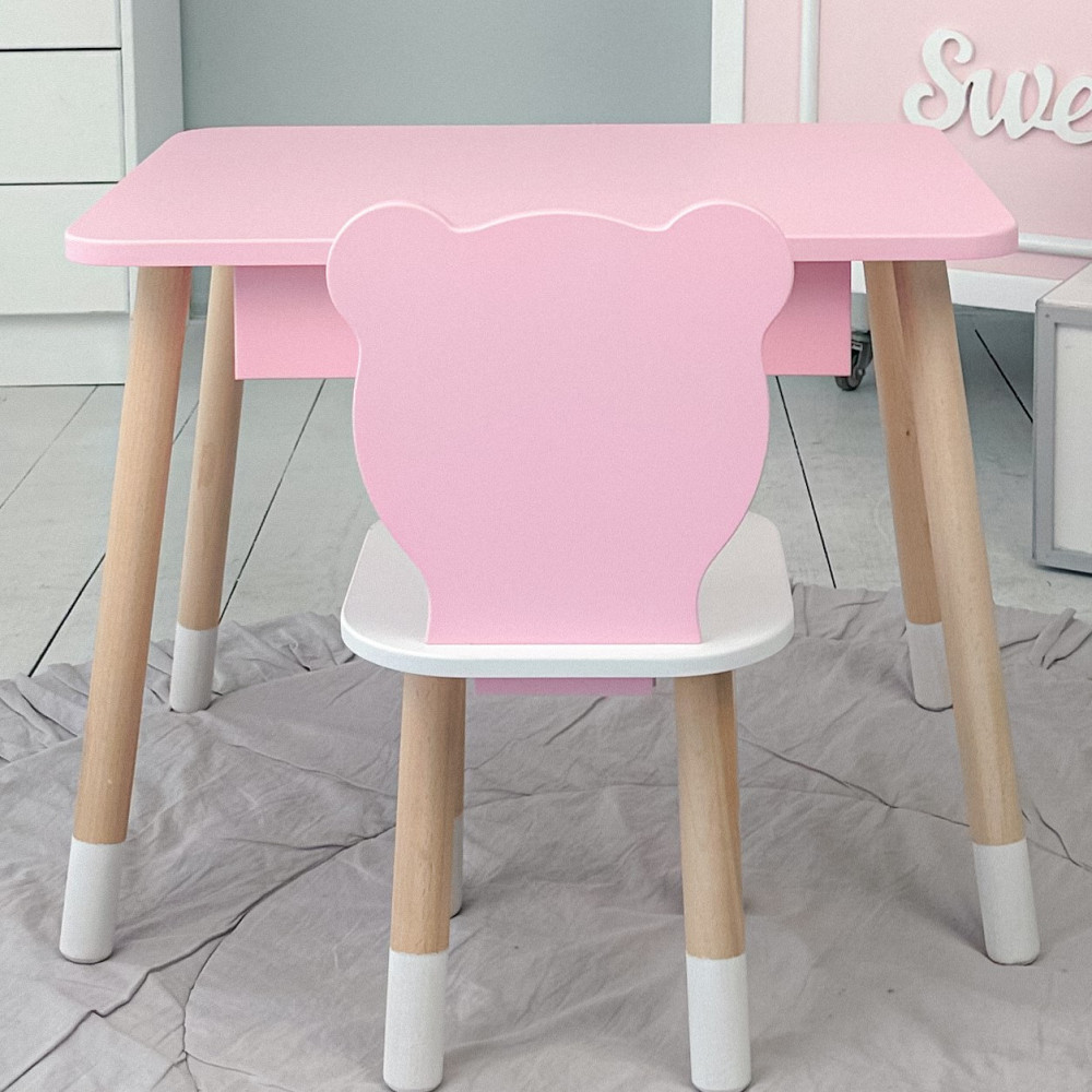 Стол прямоугольный с ящиком 46х60х45 и стул медвежонка 26х26х24, столик и стульчик для детской комнаты, розовый с белым Каменское - изображение 10