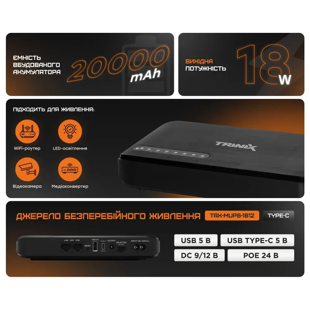 Джерело безперебійного живлення DC UPS Trinix TRX-MUPS-1812 Type-C (20000mAh LiFePo4) 5V/9V/12V/48V/PoE, LiFePo4 4*5Ah, для Київ - фото 10