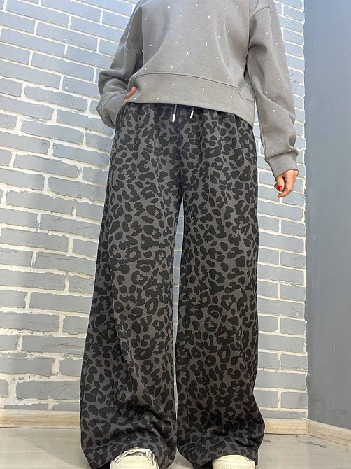 Брюки жіночі A-N 2630 палаццо леопардовий принт резинка на талії шнурок широкі сірі, сірий, L Київ - фото 9
