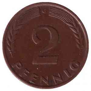 Дубовые листья. Монета 2 пфеннига. 1948-89 год (G), ФРГ..(Г) Полтава