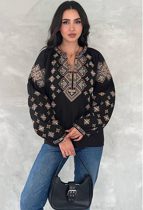 Женская современная вышиванка с объемным рукавом домотканый лен Черный, 42 Одесса - изображение 7
