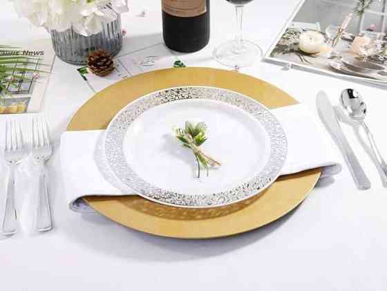 Набор тарелок пластиковых круглые 12 шт, десертные 19 см и обеденные 26 см,белые с серебристым узором Каменец-Подольский