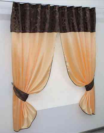 Кухонные шторы VR-Textil № 073к с ламбрекеном и подхватами персиковый с коричневым 270х170 см (52-0189) Киев