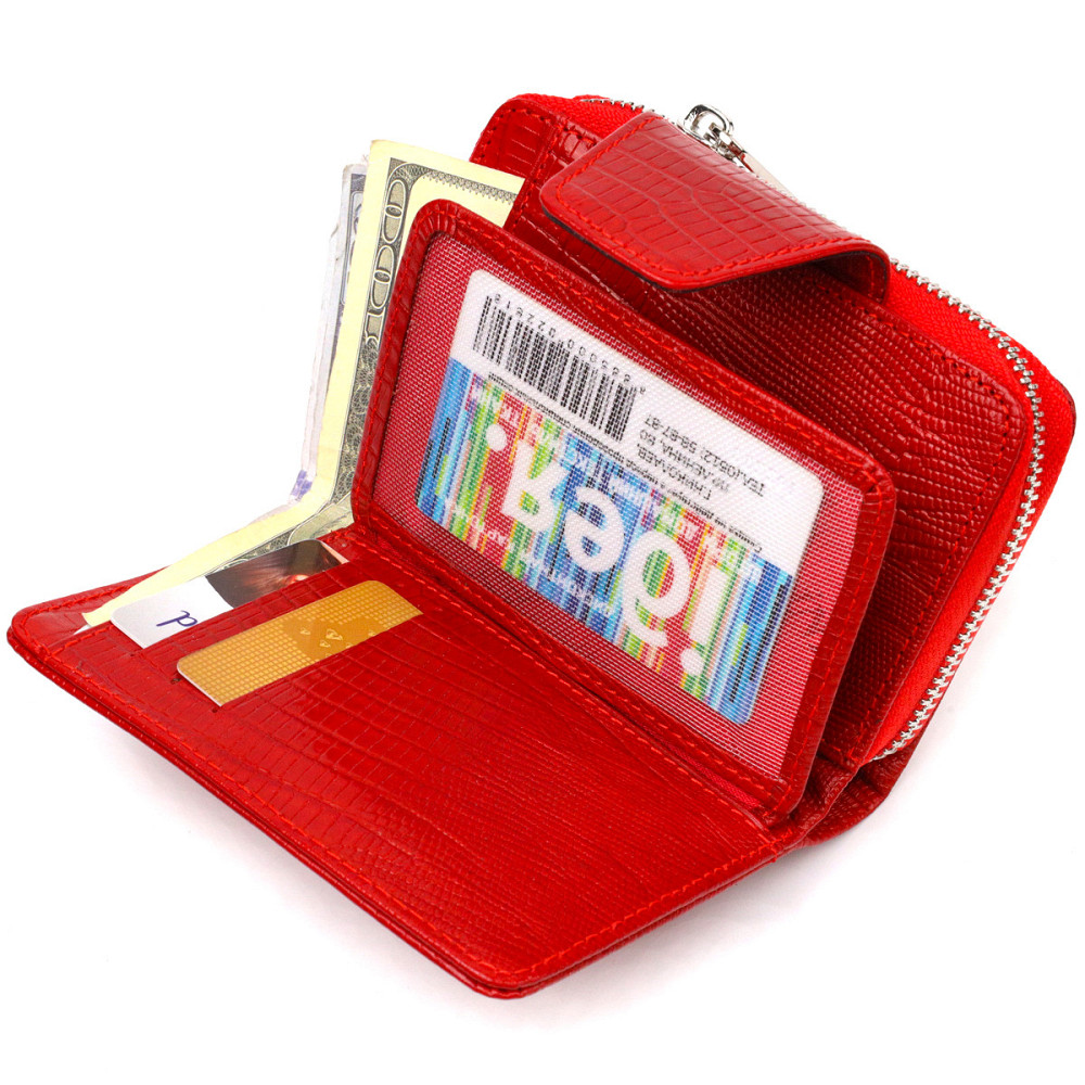 Фактурное женское вертикальное портмоне с монетницей на молнии из натуральной кожи с тиснением Красное (CANPELLINI) Киев - изображение 10