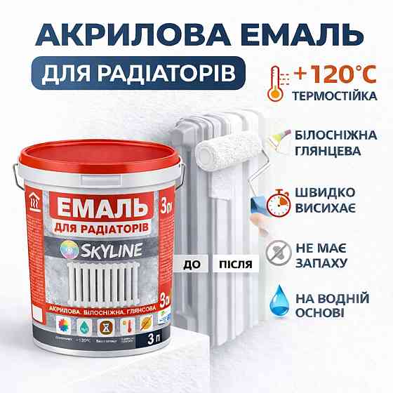 Акрилова емаль для радіаторів і труб опалення SkyLine, глянцева, термостійка, без запаху, біла, 3 мл Харків