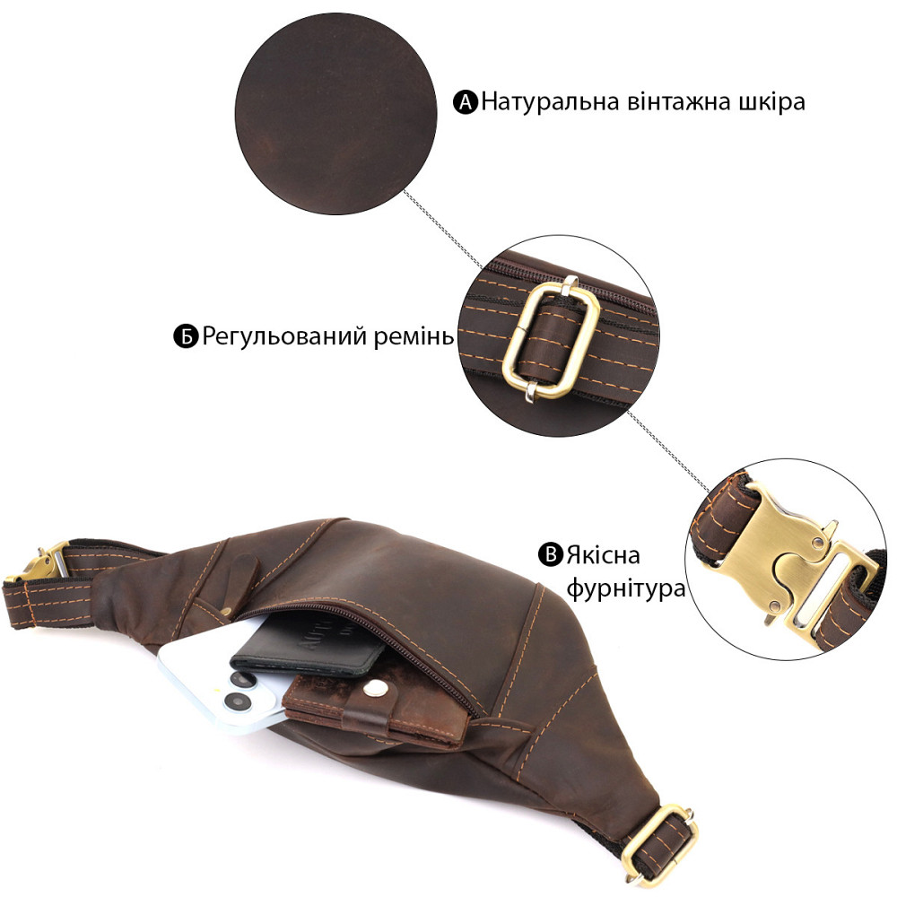 Удобная сумка-бананка для мужчин из натуральной винтажной кожи Shvigel 23121 Коричневый Киев - изображение 7