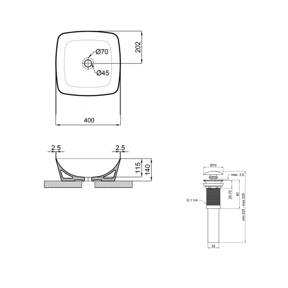 Комплект Qtap Kolibri: Раковина накладная 400x400x140 мм, White, квадратная + Донный клапан Pop-up PU02 Киев - изображение 2