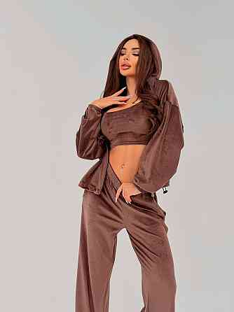 Жіночий стильний повсякденний велюровий костюм-трійка Шоколад, 46/48 Одеса