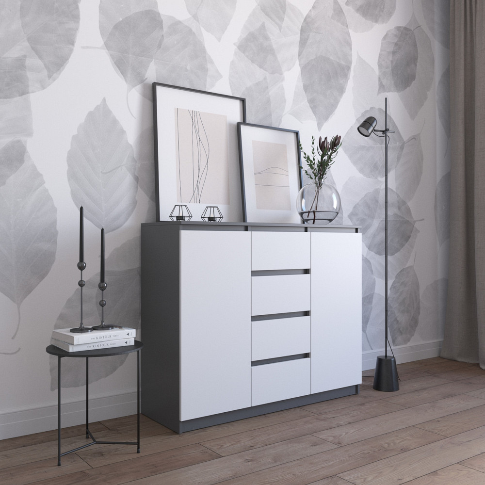 Комод VAYS R-11 Антрацит-Белый фасад, 4 ящика и 2 отделения с полками, без ручек, ЛДСП, 120×40×98 см - для спальни, гостинойд Львов - изображение 1