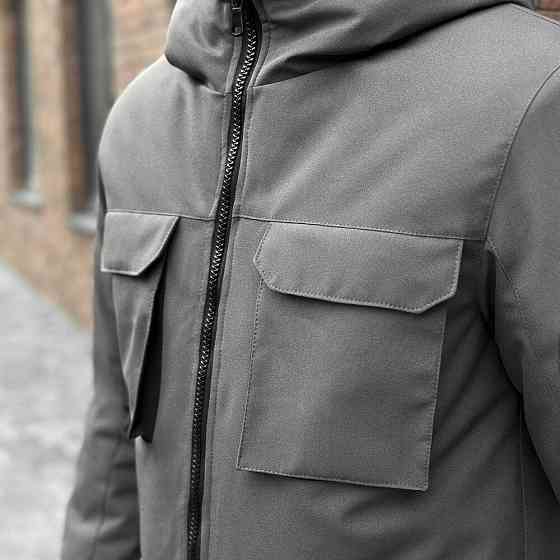 Парка чоловіча зимова з капюшоном сіро-чорна Pobedov Alpina Київ