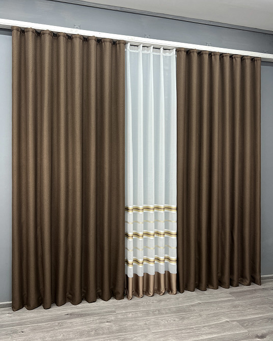 Комплект штор VR-Textil Льон Мішковина 100х270 2шт і Тюль 300х270 277ш-1579т Коричневий з молочним 71-159/1 Київ - фото 3