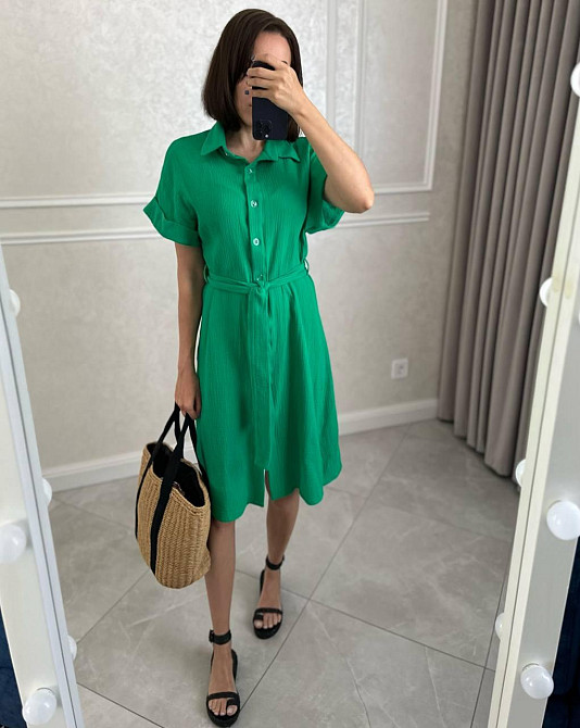 Жіноче легке базове плаття халат із поясом на ґудзиках турецька натуральна бавовна — муслін Трава, 42/46 Одеса - фото 1