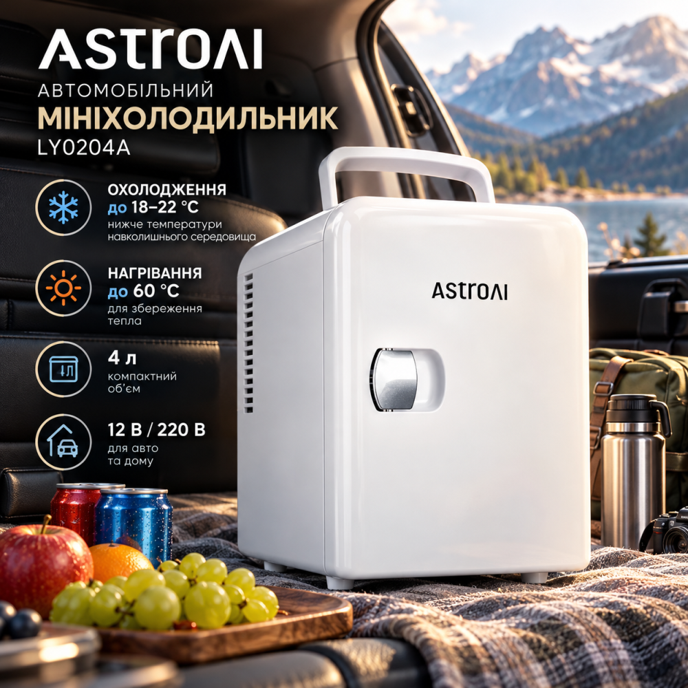 УЦІНКА Автомобільний мініхолодильник AstroAI LY0204A 4 л, 12 В/220 В, охолодження та нагрівання до 60 °C, білий Київ - фото 1