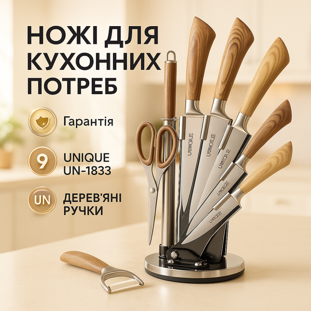 Ножі кухонні з нержавіючої сталі UNIQUE UN-1833, Набір кухонних ножів преміум, Ножі для кухонних потреб OM-85 Львів - фото 13
