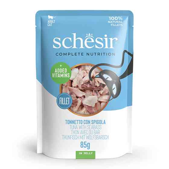 Schesir Tuna with Seabass ШЕЗИР ТУНЕЦ С ОКУНЕМ в желе полнорационный влажный корм консервы для котов, пауч 85г Киев
