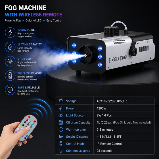Дым-машина 1200 Вт RGB с 6 LED, генератор тумана с баком 1 л, пульт ДУ до 50 м, для сцены, свадьбы, вечеринок, Хэллоуина Киев