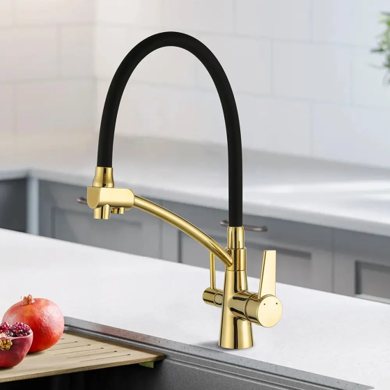 Змішувач для кухні з підключенням до фільтру GAPPO G4398-13 гнучкий вилив, золото/чорний Київ