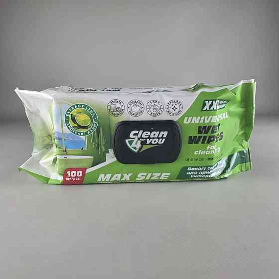 Серветки вологі 100 шт з клапаном для прибирання Clean4you універсальні (з екстр. Лайму, спиртовмісні) (1 пачка) Харків
