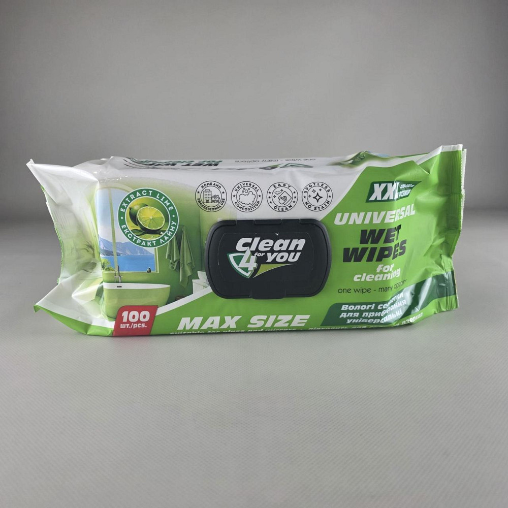Влажная салфетка 100 шт с клапаном для уборки Clean4you универсальные (с экстр. лайма, спиртом) (1 пачка) Харьков - изображение 1