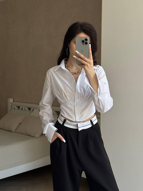 Женская базовая приталенная рубашка с имитацией корсета коттон 44/46 Одесса - изображение 2