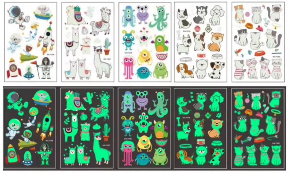 Детские тату переводные, флуоресцентные тату для детей, светящиеся водостойкие тату, 5 листов. Киев - изображение 1