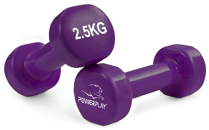 Гантелі вінілові PowerPlay 4125 Achilles 2*2.5 кг. Фіолетові (пара - 2шт.) + Резинка для фітнесу 7,5 Каменское - изображение 2