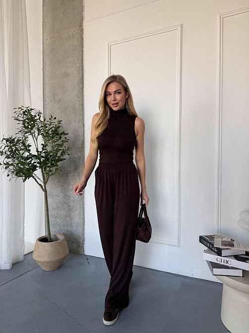 Женский базовый костюм двойка: топ американка и штаны палаццо вискоза Шоколадный, 40/44 Одесса - изображение 10