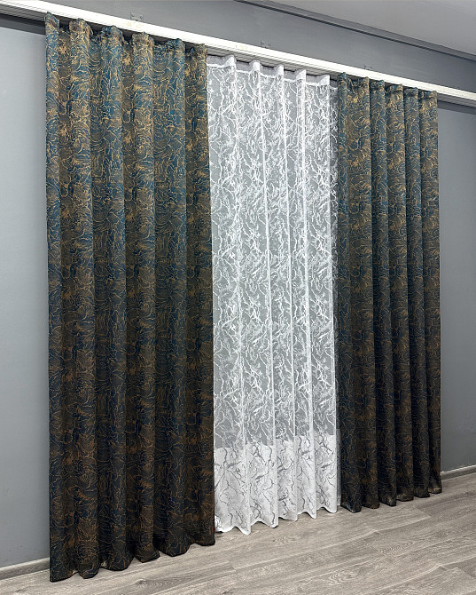 Комплект штор VR-Textil Жаккард Fantasy 200х270 2шт и Тюль 500х270 1634ш-1783т Синий с белым 71-049/6 Киев - изображение 3