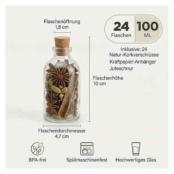 Пляшки флакони 100 мл 24 шт casavetro mini-tr-100-etikett-schnur прозорі скляні герметичні висота 10 см Київ