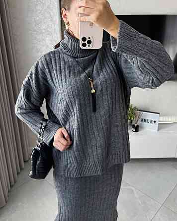 Женский теплый базовый костюм: свитер и юбка машинная вязка + ангора Антрацит Одесса