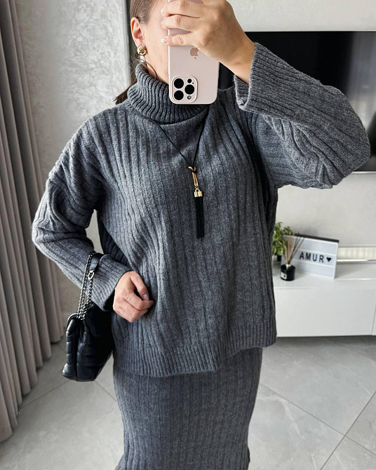 Жіночий теплий базовий костюм: светр і спідниця машинне в'язання + ангора Антрацит Одеса - фото 5