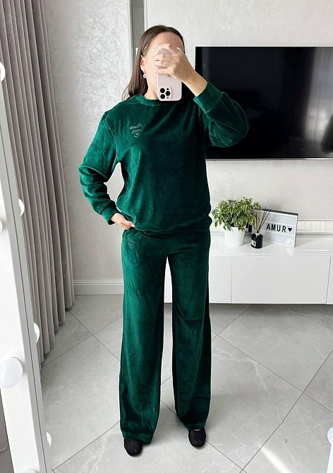 Женский стильный универсальный костюм двойка  хлопковый велюр Изумрудный, 44 Одесса - изображение 1