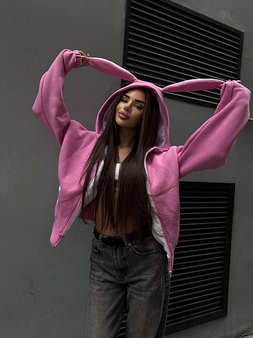 Женская стильная худи с ушками трехнить на флисе Розовый Одесса - изображение 16
