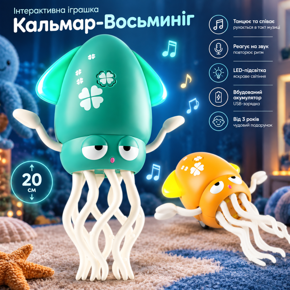 Интерактивная игрушка Кальмар-Осьминог 20 см, танцующий музыкальный робот на аккумуляторе, USB-зарядка, реагирует на звук, от 3 ле Киев - изображение 7