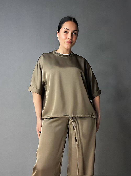 Костюм жіночий A-N 27012 шовковий блузка з брюками палаццо оверсайз бежевий, бежевий, M Київ - фото 3