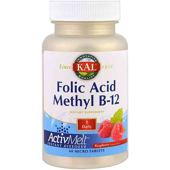 Фолієва кислота та вітамін В12, Folic Acid Methyl B-12, KAL, 800 мкг/1000 мкг 60 таблеток зі смаком малини Київ