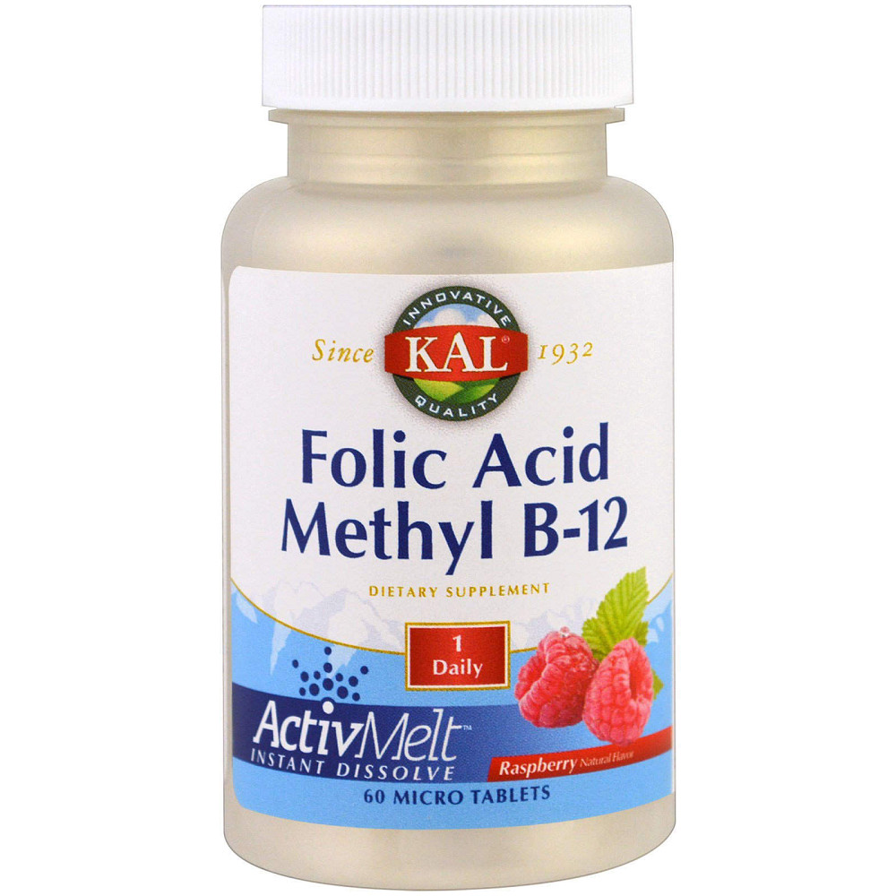 Фолиевая кислота и витамин В12, Folic Acid Methyl B-12, KAL, 800 мкг/1000 мкг 60 таблеток со вкусом малины Киев - изображение 1