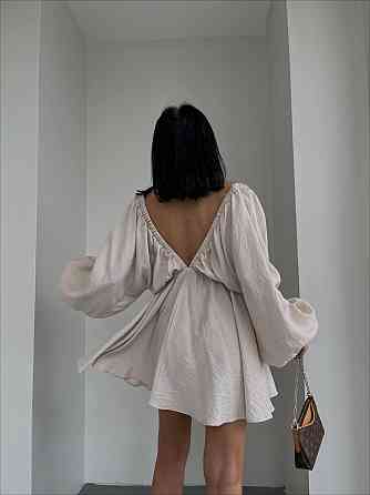 Женское легкое мини платье свободного кроя креп жатка Беж Одесса