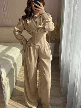 Жіночий стильний трендовий повсякденний костюм льон жатка Бежевий, 48/50 Одеса