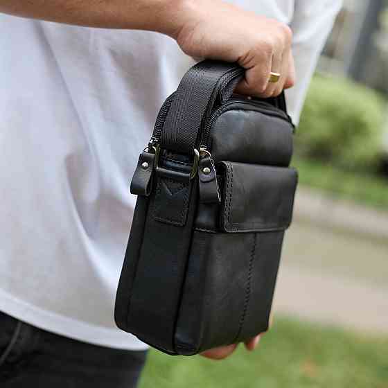 Сумка-барсетка мужская через плечо кожаная гладкая черная Tiding Bag TD-86573 Киев