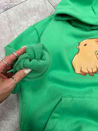Женское уютное теплое худи оверсайз с милым принтом трехнитка Тедди + трехнитка с начесом пенье Зеленый Одесса