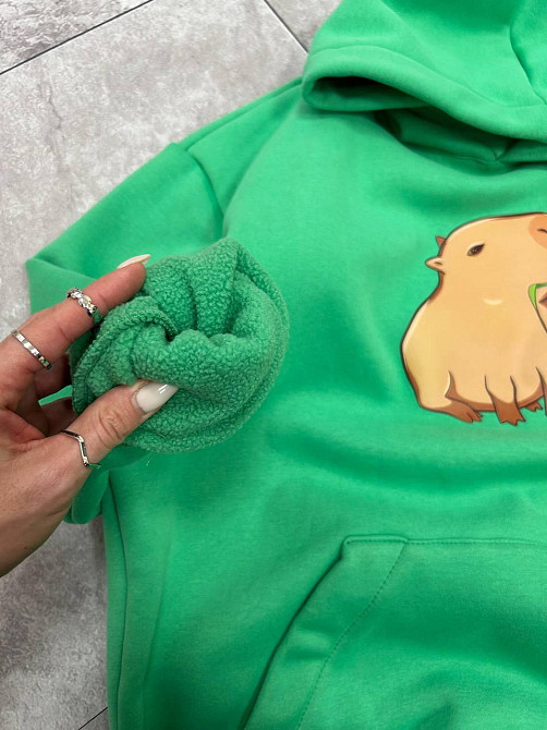 Женское уютное теплое худи оверсайз с милым принтом трехнитка Тедди + трехнитка с начесом пенье Зеленый Одесса - изображение 4