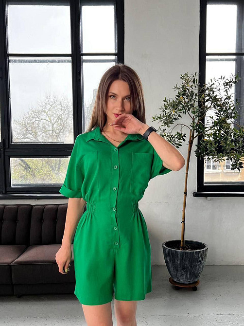 Легкий женский базовый комбинезон лен. Зелёный, 44 Одесса - изображение 4