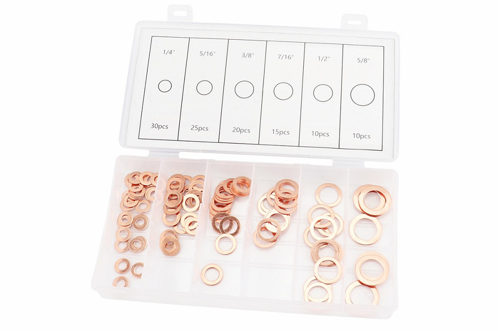 Набір мідних шайб (6х10х1, 8х14х1, 10х16х1, 12х16х1,5, 14х20х2, 16х22х1,5) 6 видів, 110шт Київ - фото 1