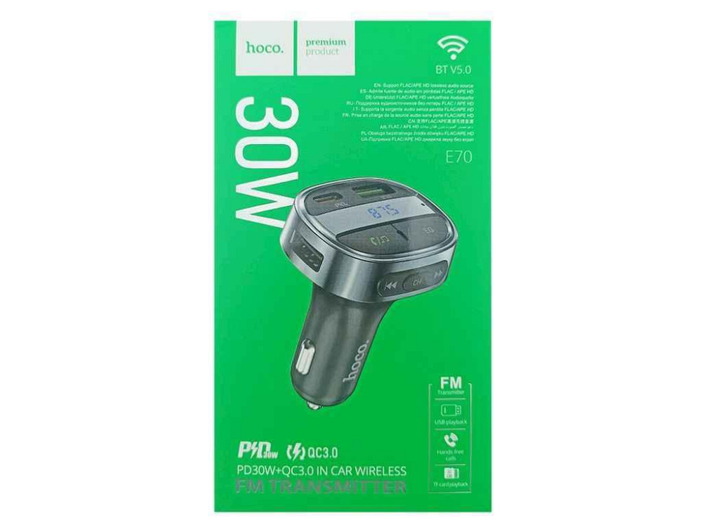 FM Модулятор Hoco E70 12-24V/2USB/QC3.0/PD30W/MicroSD/BT 5.0 черный ТМ HOCO Киев - изображение 1